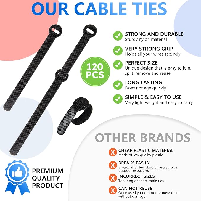 120 PCS 5/6/8 Inch Cord Wraps for Charging Cords – Data Cable Organizer Ties –