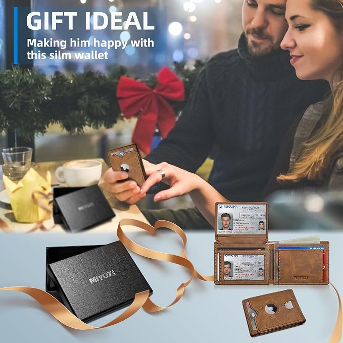 Airtag Wallet for Men, with Cash Pocket 2 ID Window 13 Cards, Slim Leather