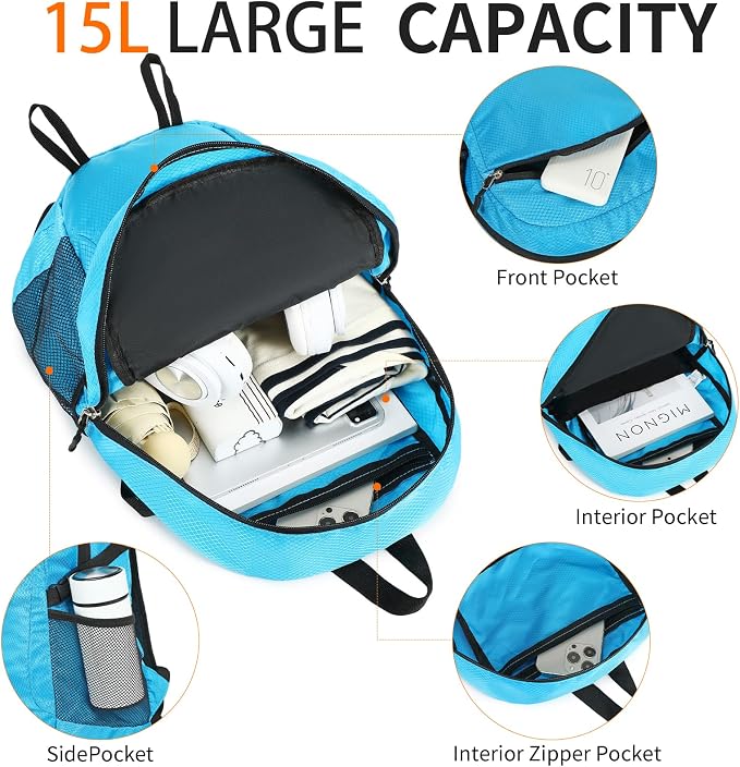 Small Hiking Daypack, 15L Waterproof Hiking Backpack Packable Lightweight