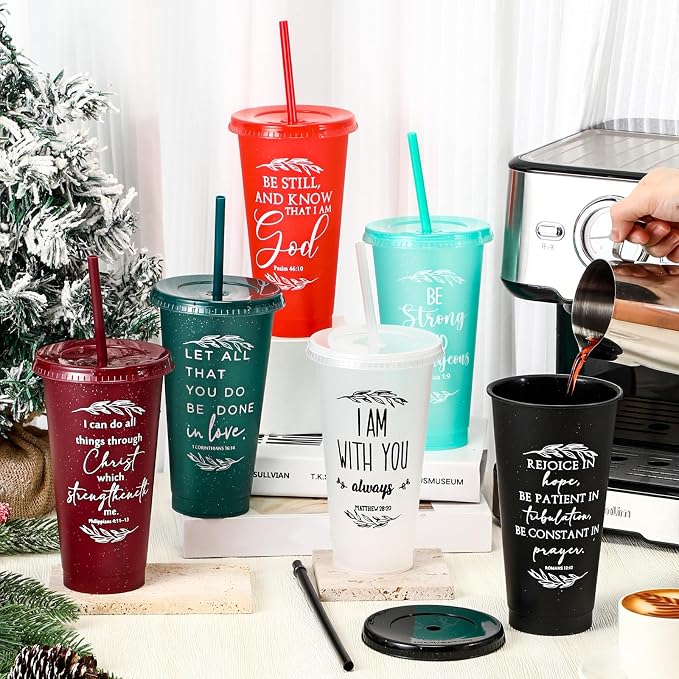 Havawish 36 Pcs Mothers Day Christian Tumbler Gift Bulk Religious Inspirational 24 oz Drinking Jesus Cup with Lid Straw Bible Verse Plastic Cup for Church Father Teacher First Communion (Joyous Color)