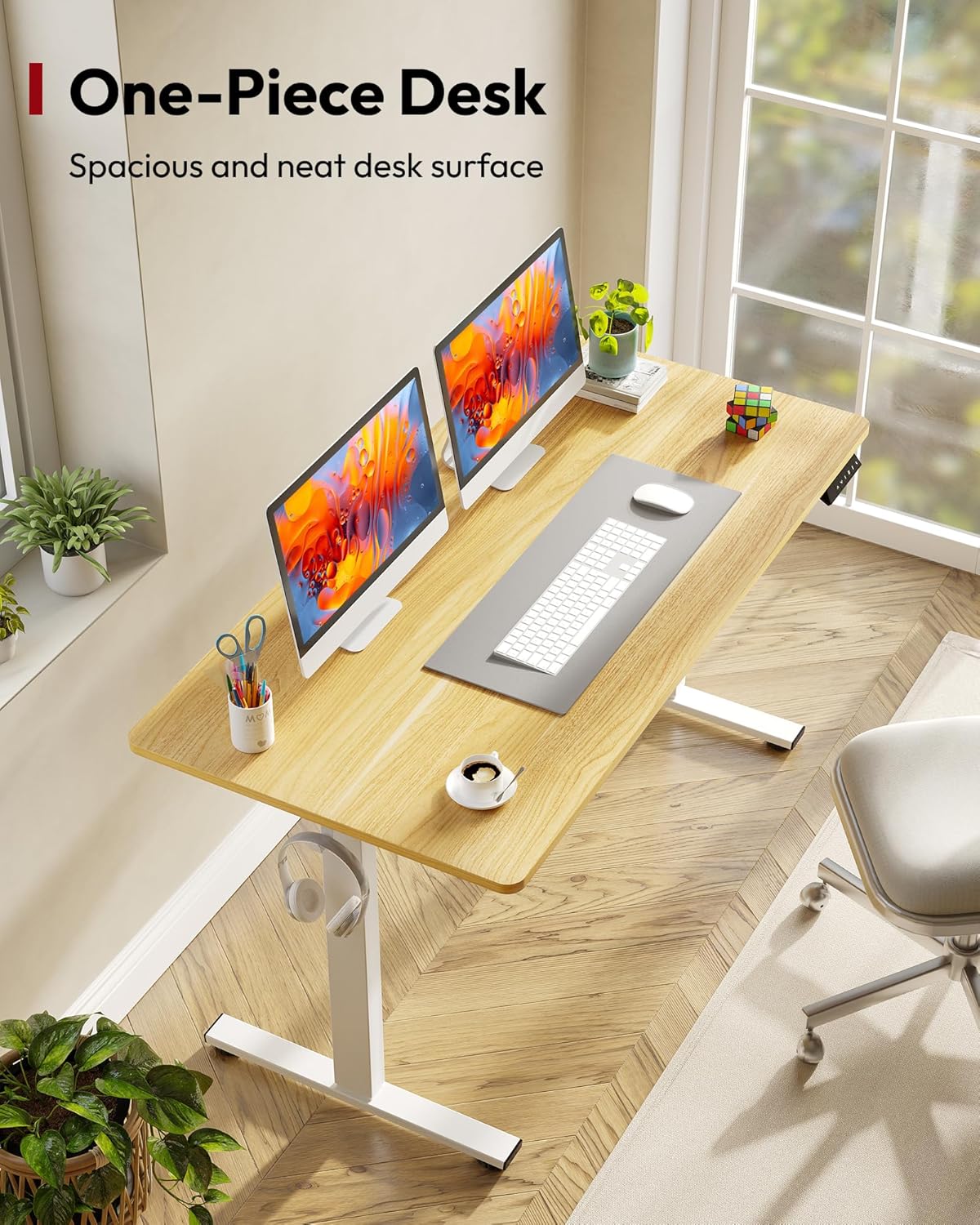 SANODESK Electric Standing Desk 55 x 28 Inches Whole-Piece Desktop Height Adjustable Stand Up Desk w/6-Button Controller Ergonomic Computer Desk for Home Office, White Frame + Natural Tabletop