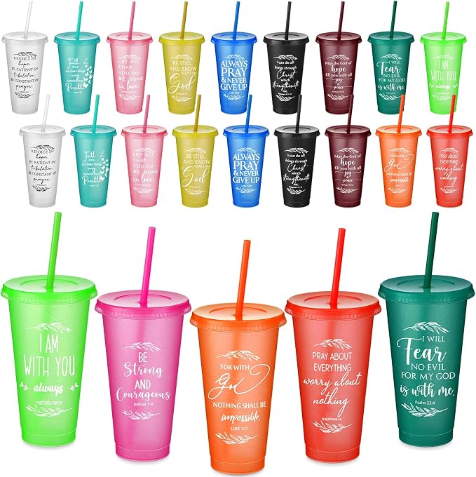 Havawish 24 Pcs Mothers Day Christian Tumbler Gift Bulk Religious Inspirational 24 oz Drinking Jesus Cup with Lid Straw Bible Verse Plastic Cup for Church Father Teacher First Communion (Colour)