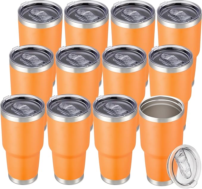 30 oz Tumbler with Lid Stainless Steel Tumblers Bulk Vacuum Insulated Cup Reusable Powder Coated Travel Mug Double Wall Leak Proof Cups Keep Cold Drinks for 12 Hours Orange, Set of 12
