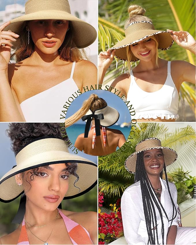 Camptrace Sun Visors for Women Wide Brim Beach Hat Foldable Straw Visor Hat