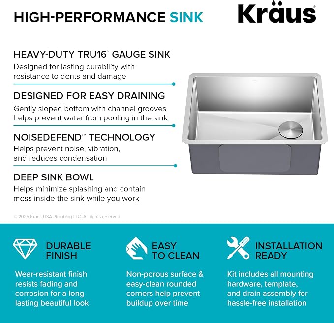 Kraus KHU111-25 Standart PRO 16 Gauge Undermount Single Bowl Stainless Steel