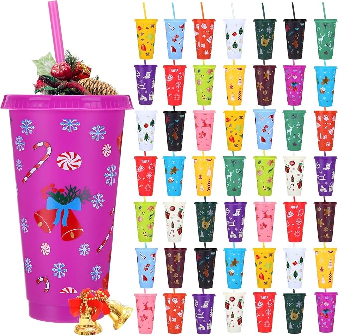 Honeydak 50 Pcs 24oz Christmas Cup Bulk Gift Tumbler with Straw and Lid Coffee Cups with Lids Holiday Gifts Bulk Reusable Plastic Water Bottle Iced Coffee Travel Mug for Party Birthdays