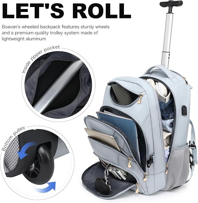 Boavan Rolling Backpack for Women, 17.3 Inch Wheeled Laptop Backpack, Large