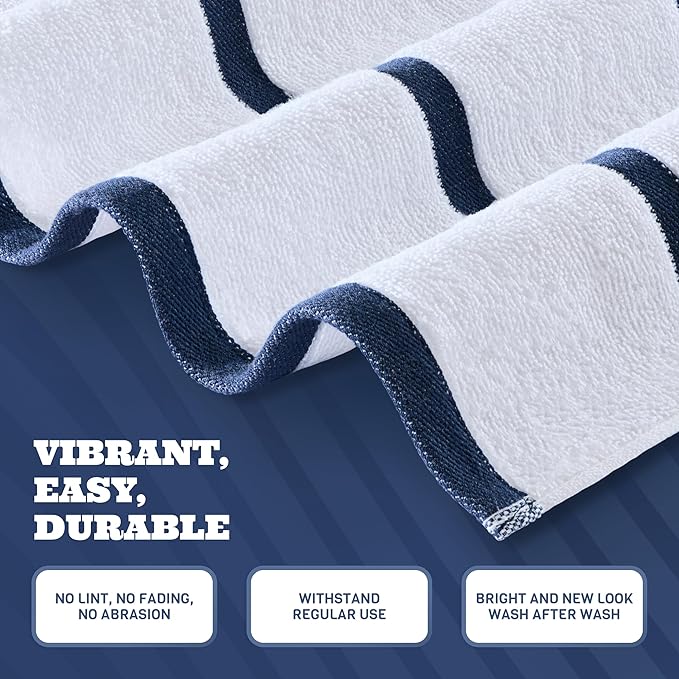 White Classic Cotton Pool Towels Oversized 35 x 70 Inches, Ultra Absorbent and Low Lint Striped Beach Towels for Adults, Stripes Design Luxury Extra Large Bath Towels, Navy Blue, 3 Pack