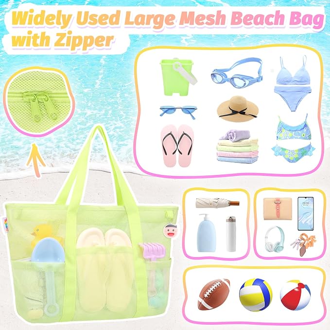 Tagitary Mesh Beach Bag with Zipper Large Beach Tote Waterproof Sandproof with
