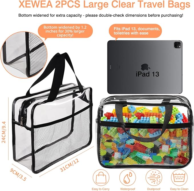 XEWEA 2PCS Large TSA Approved Clear Travel Toiletry Bags