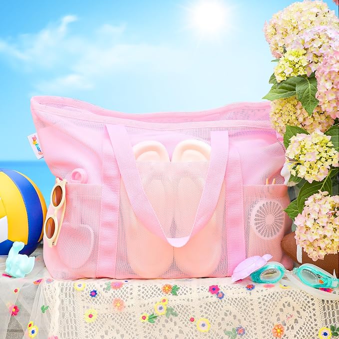 Tagitary Mesh Beach Bag with Zipper Large Beach Tote Waterproof Sandproof with