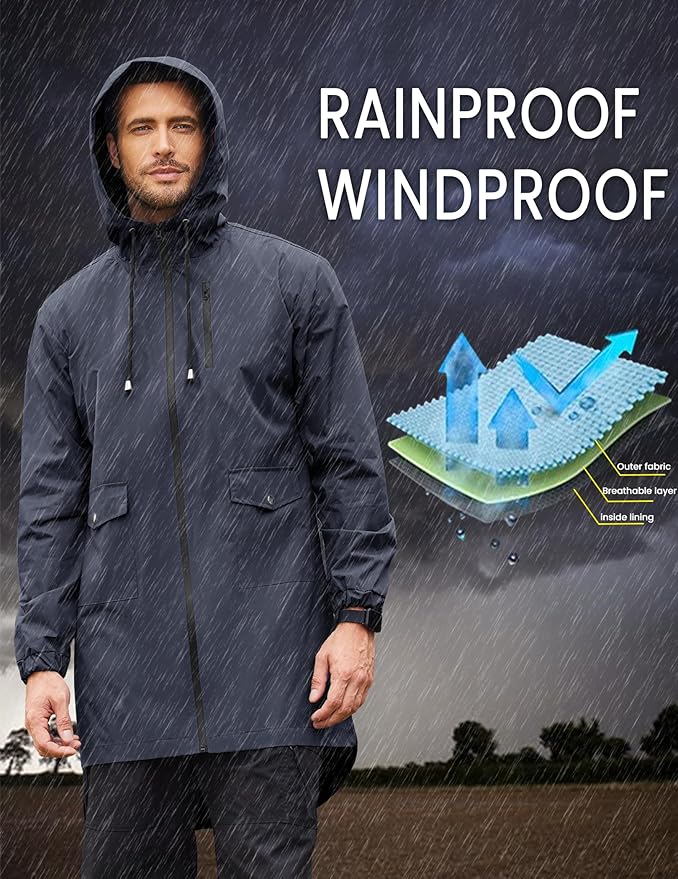 COOFANDY Men's Long Raincoat Ligtweight Rain Jacket Waterproof Outdoor Jackets