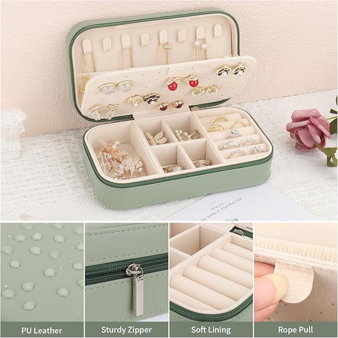DesignSter Travel Jewelry Box, PU Leather Portable Jewelry Case, Small Jewelry