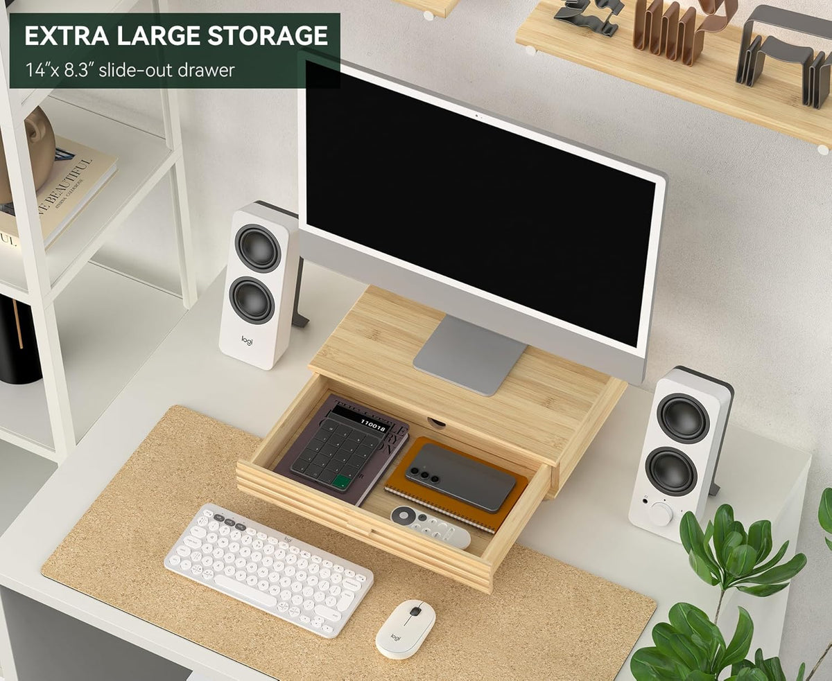 Bamboo Monitor Stand with Drawer - Desk Organizer with Cable Management & Storage, Ergonomic Laptop Riser for Home Office (220lbs Capacity, 15.7 inch ,Natural)