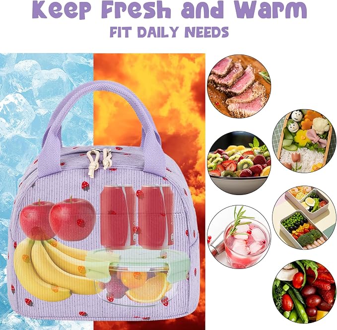 Bluboon Lunch Bag for Women Men Cute Corduroy Lunch Tote Bags Reusable