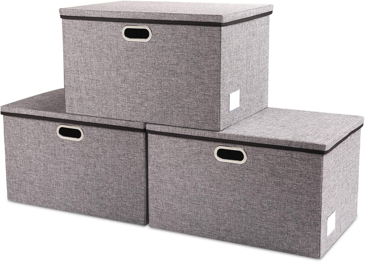 PRANDOM Extra Large Collapsible Storage Bins with Lids [3-Pack] Linen Fabric Foldable Storage Baskets Boxes Organizer Containers Cube with Cover for Bedroom Closet Office Nursery (22.8x15.75x13.8)