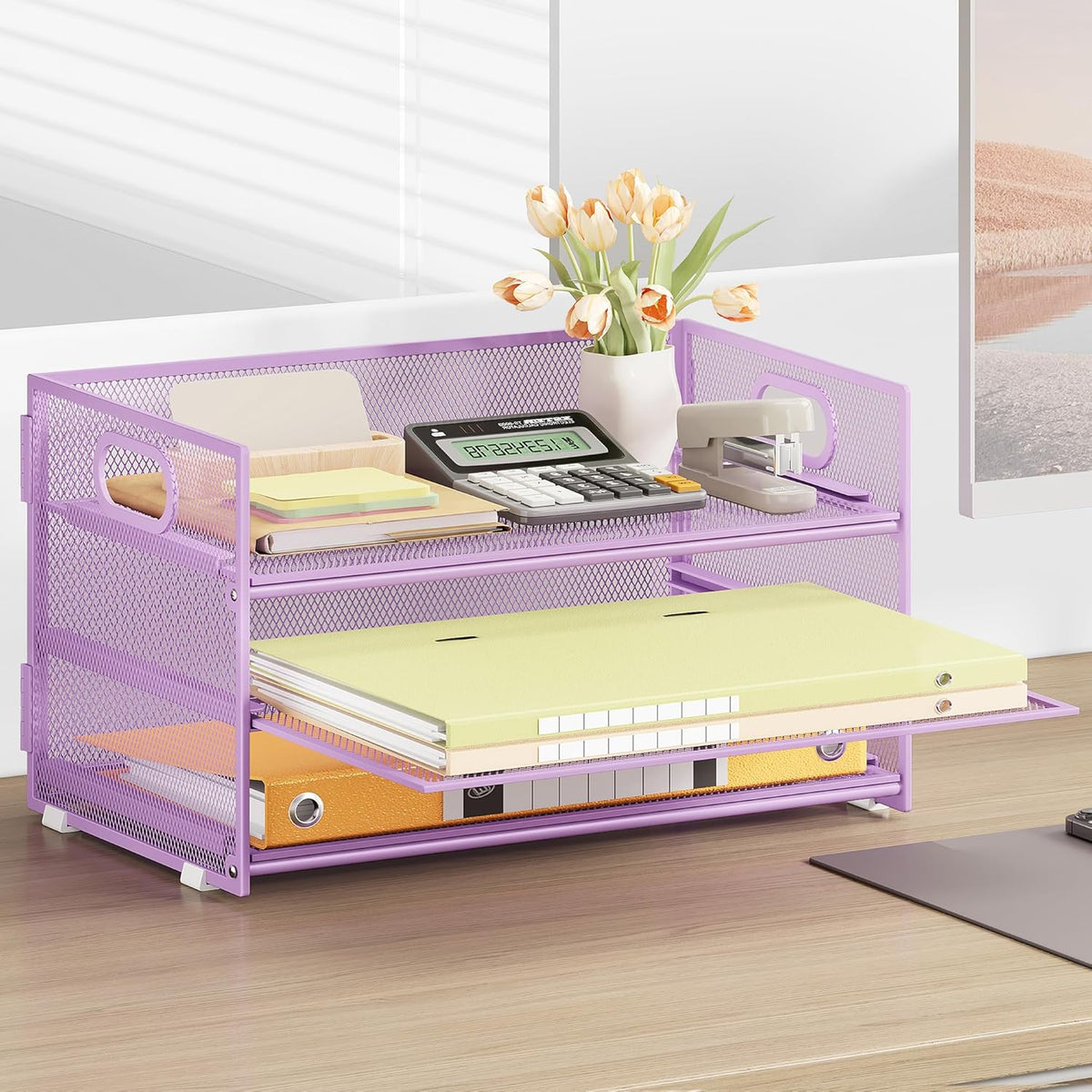 Subekyu 3 Tier Letter Tray Paper Organizer with Handle and 1 PC Sliding Tray, Purple Metal Mesh Desk File Folder Paper Sorter Organizer for Home Office School Desk Supplies Organization Storage