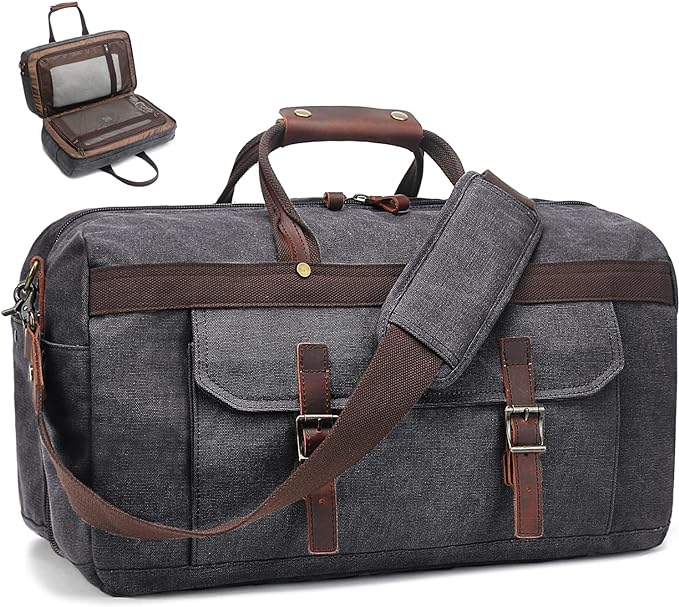 Duffle Bag for Men Waterproof Genuine Leather Canvas Travel Duffel Bags for