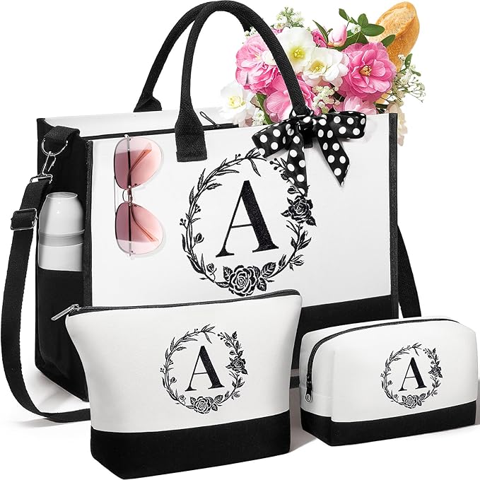 Personalized Christmas Gifts for Women, Initial Canvas Tote Bag & Makeup Bag