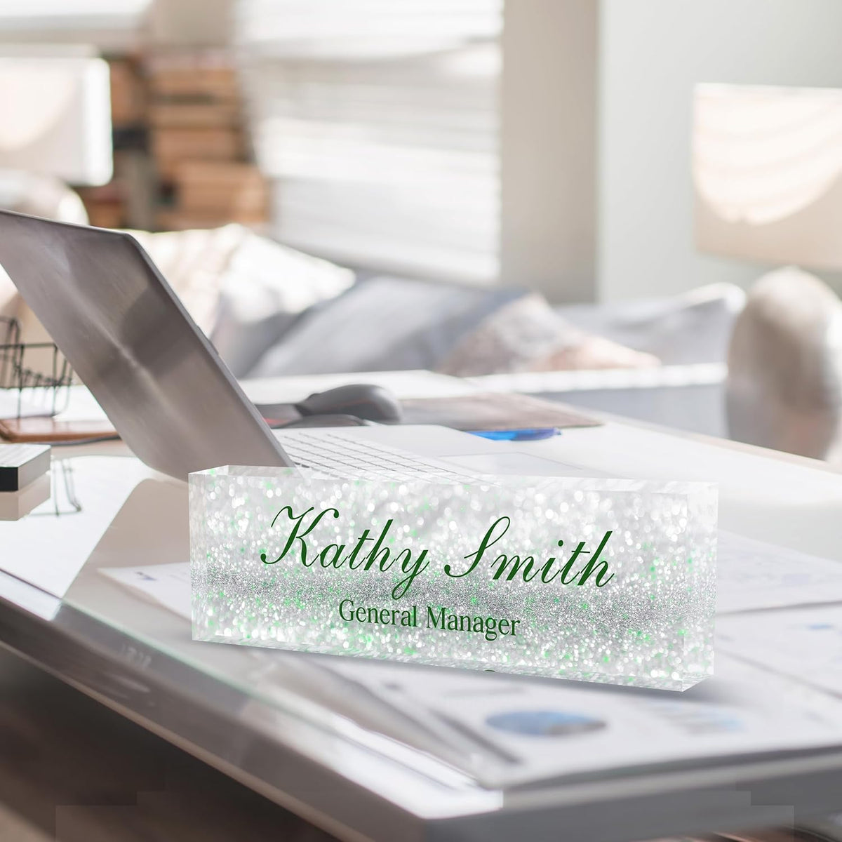 Custom Name Plate for Desk | Personalized Desk Name Plate | Personalized Boss Employee Appreciation Gifts | Acrylic Name Plate Office Desk Accessories (A-Silver Green Crystal)