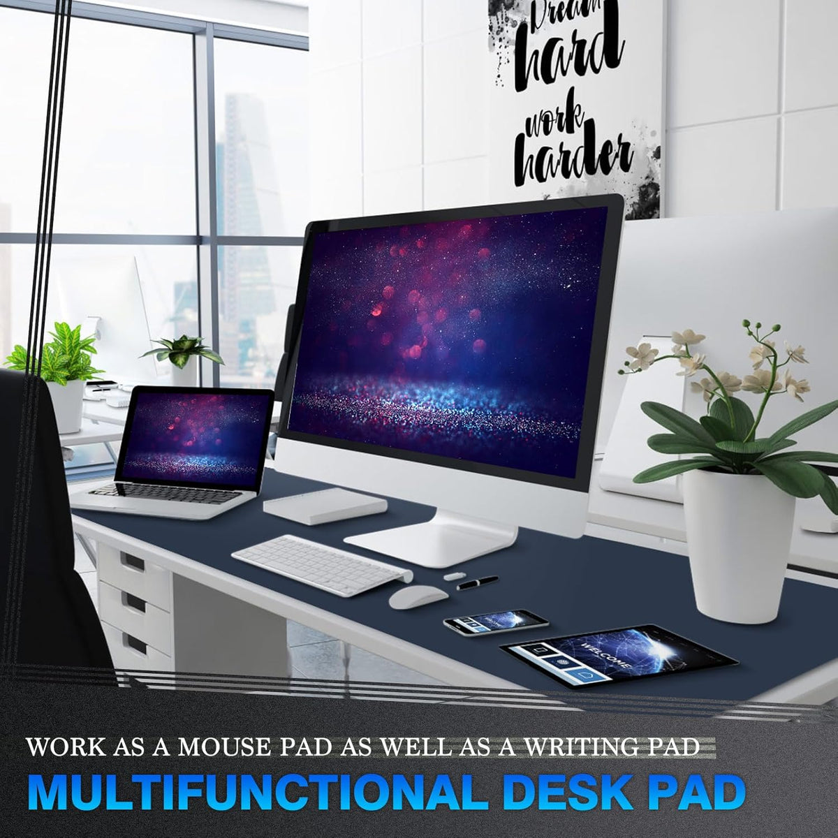 K KNODEL Large Office Leather Desk Mat, Mouse and Keyboard Pad, Computer and Laptop Mat, Desktop Protector and Cover, Writing Pad and Blotter (47.2"x23.6", Dark Blue)