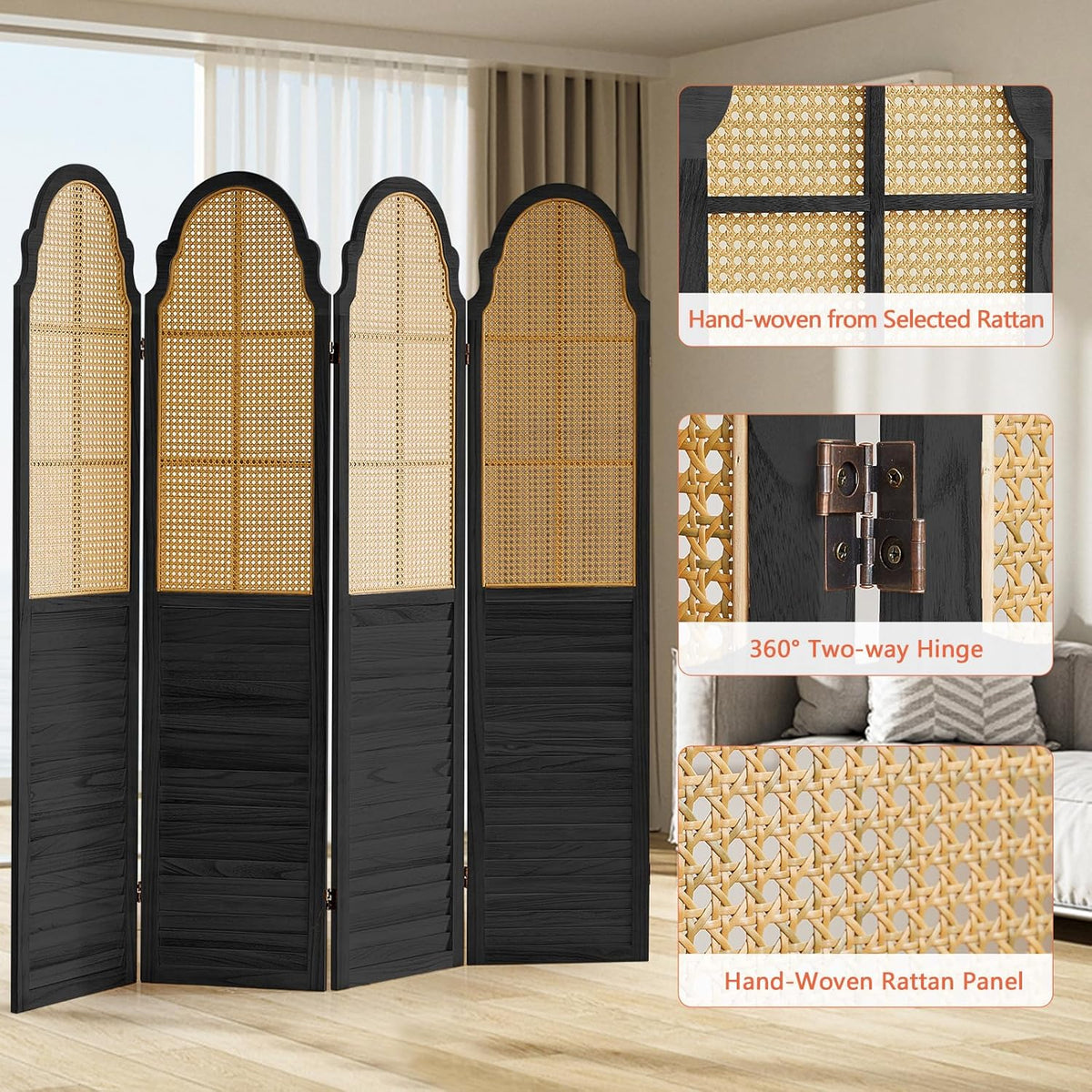 4 Panel Rattan Folding Screen Room Divider, Privacy Dividers for Rooms, Louvered Partition Dividers, Room Divider Panel for Bedroom, Dressing Room, Balcony, Black