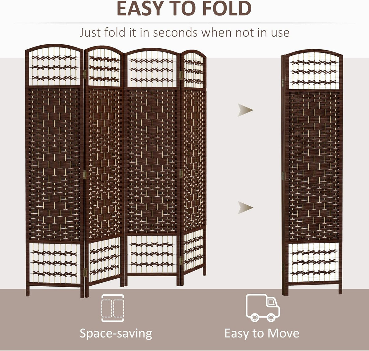 HOMCOM 4 Panel Room Divider, Folding Privacy Screen, 5.6' Room Separator, Wave Fiber Freestanding Partition Wall Divider, Brown