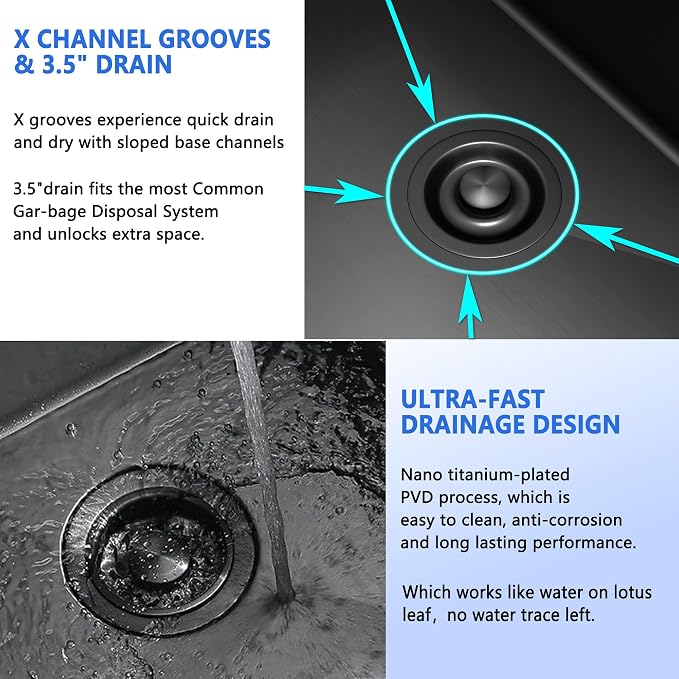 25x22 Inch Black Drop In Kitchen Sink, 25 Inch Gunmetal Black Kitchen Sink Top