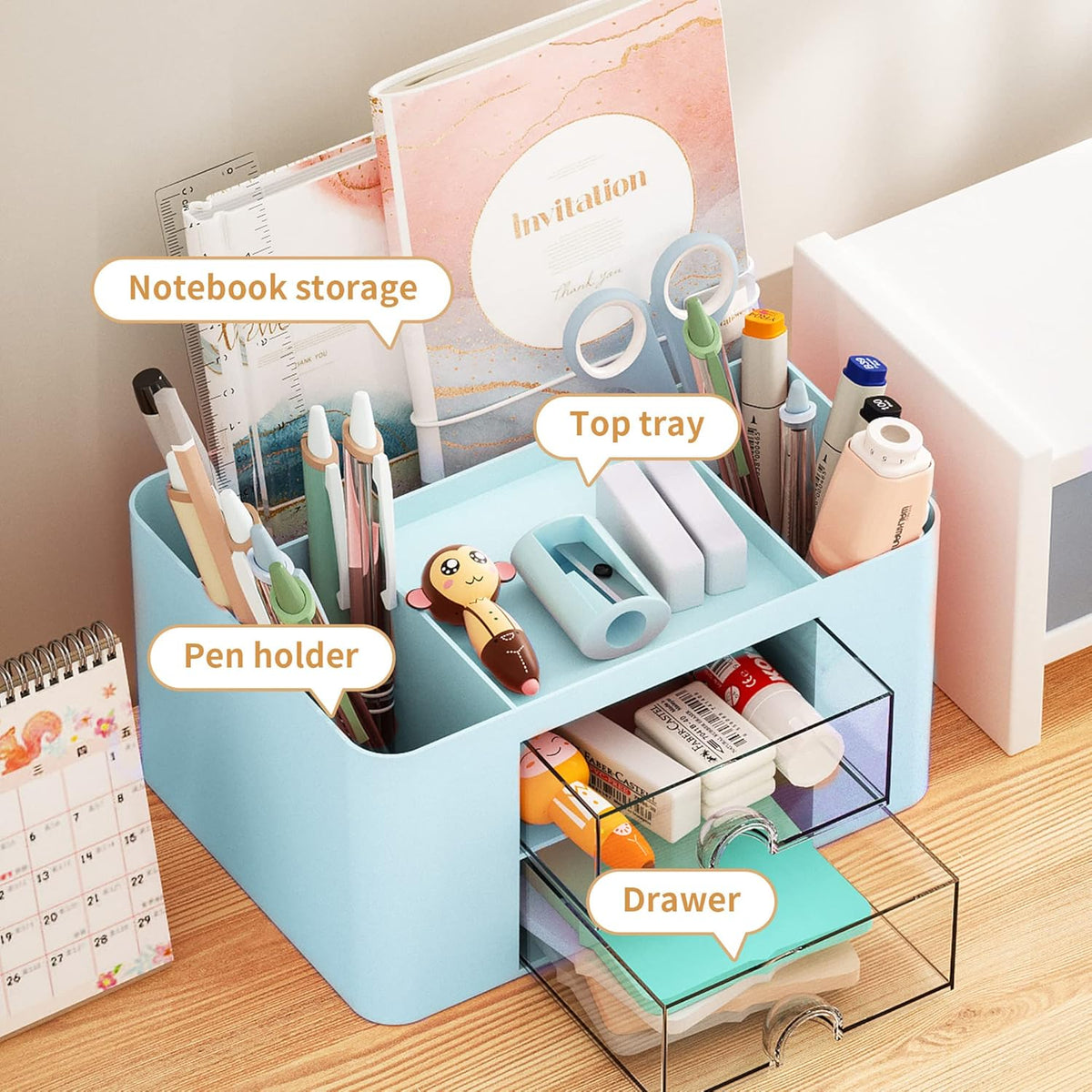 Marbrasse Pen Organizer with 2 Drawer, Multi-Functional Pencil Holder for Desk, Desk Organizers and Accessories with 5 Compartments + Drawer for Office Art Supplies (Blue)