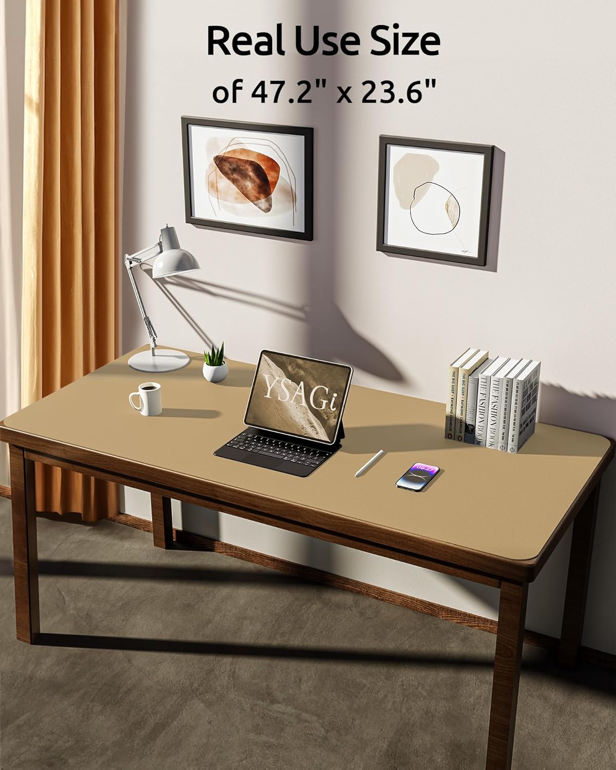 YSAGi Leather Desk Protector, Office Mat, Large Mouse Mat, Non-Slip PU Leather Blotter, Laptop Desk Mat, Waterproof Writing Pad for Office and Home (Latte, 47.2" x 23.21")