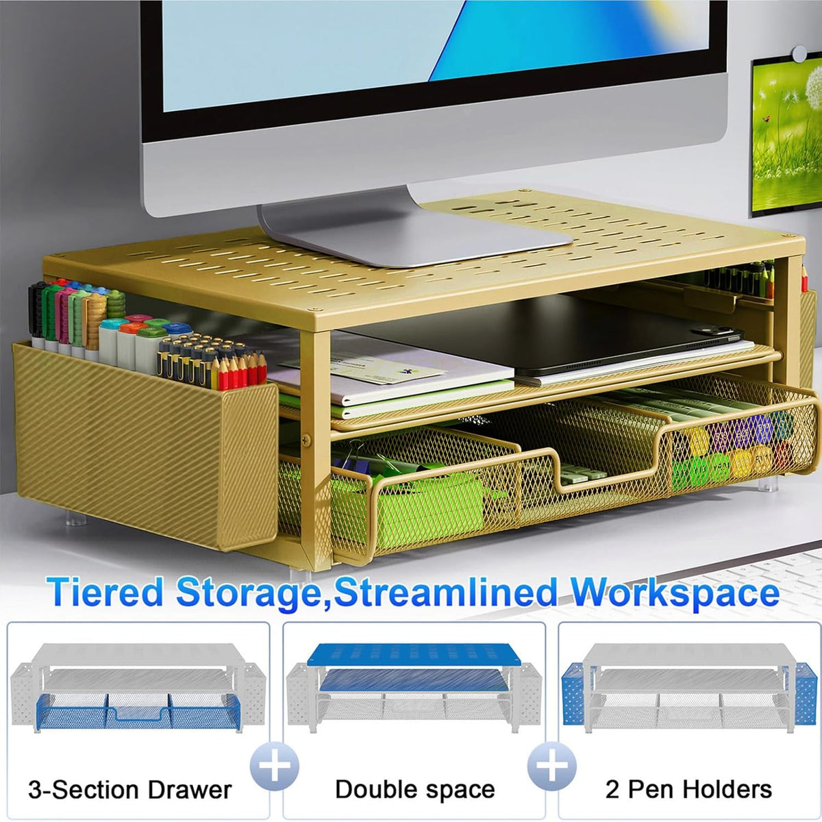 gianotter Desk Organizers and Accessories, Monitor Stand with Drawer and 2 Pen Holder, Desktop Organizer Suitable for Offices and Dormitories (Gold)