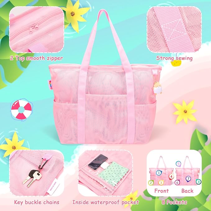 Tagitary Mesh Beach Bag with Zipper Large Beach Tote Waterproof Sandproof with