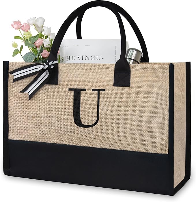 TOPDesign Initial Jute/Canvas Tote Bag, Personalized Present Bag, Suitable