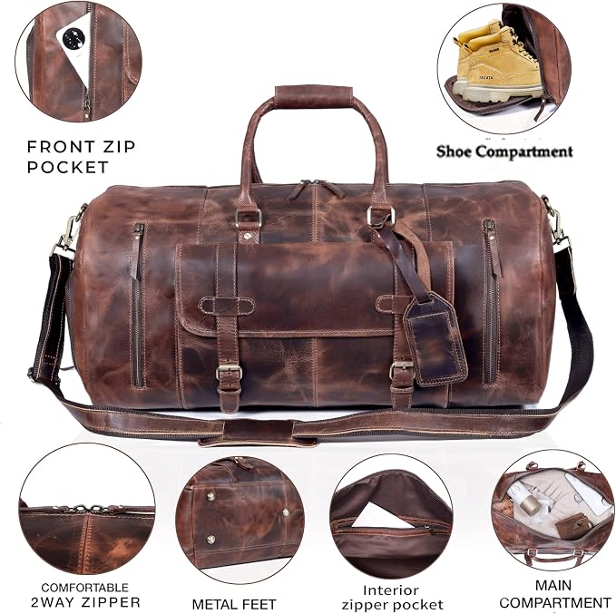 20 Inch Leather Duffel Bags for Men and Women Full Grain Leather Travel
