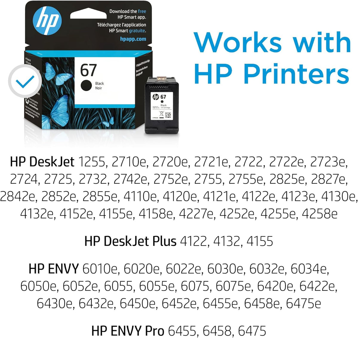 HP 67 Black Ink Cartridge for HP Printers, Works with DeskJet 1255, 2700, 4100 and ENVY 6000, 6400 Series, Eligible for Instant Ink, 3YM56AN