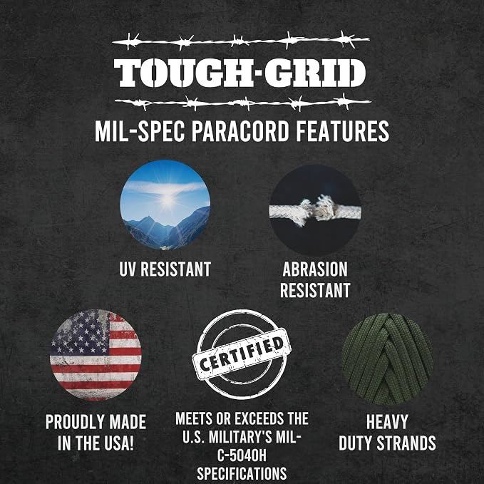 TOUGH-GRID 750 Paracord Rope Nylon Parachute Cord, Made in USA Survival Kit