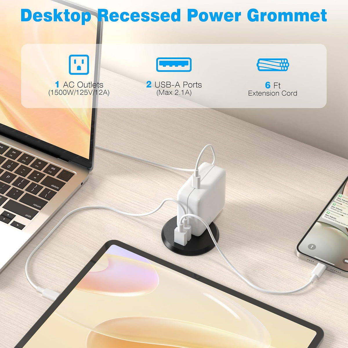 VILONG Desk Power Grommet with 2 USB, Fits 2 inch Grommet Hole, Recessed Power Strip Socket, Plug in 2 Outlet 6 ft Extension Cord (ETL Listed)