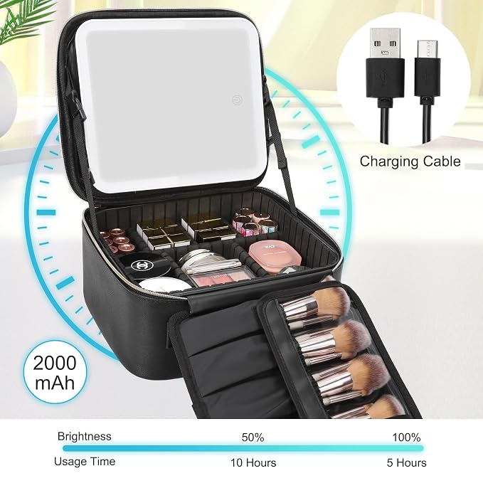 Relavel Travel Makeup Bag With LED Mirror, Cosmetic Train Case with Light up