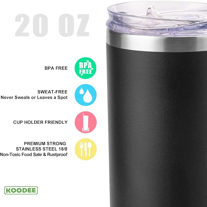 koodee 20 oz Stainless Steel Skinny Tumbler Double Wall Insulated Slim Water