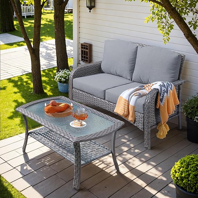 HOOOWOOO Patio Furniture Set, Outdoor High Back Loveseat Set, All Weather