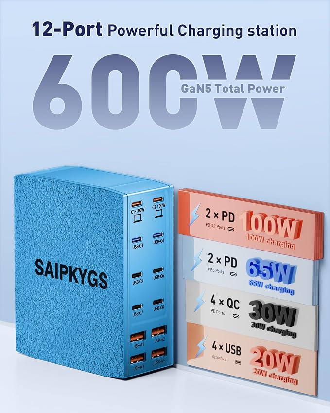 USB Charging Station, 12-Port USB C Charger Block