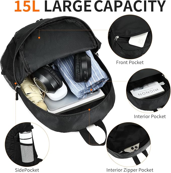 Small Hiking Daypack, 15L Water-Resistant Hiking Backpack Packable Lightweight
