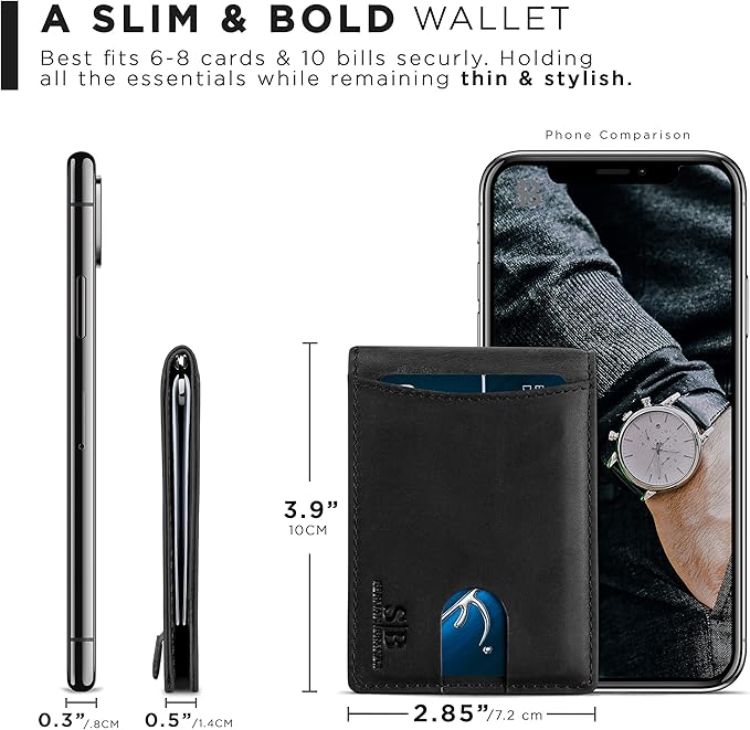 SERMAN BRANDS RFID Blocking Slim Bifold Genuine Leather Minimalist Front Pocket