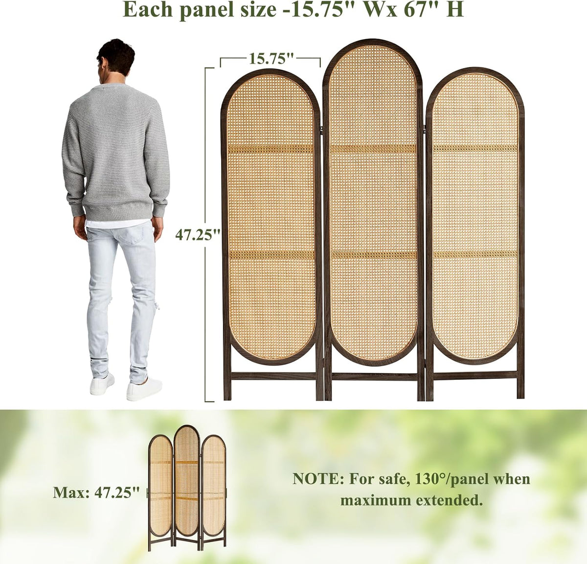 Room Divider Panel, 3 Panel Roomdivider Wall, Wood Room Dividers and Folding Privacy Screens, Rattan Partition Room Dividers, Privacy Dividers for Rooms, Bedroom, Dining Room, Dark Brown