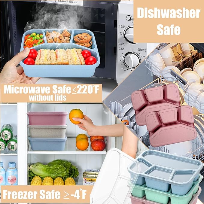 15 PCS Bento Box, 4 Compartment Bento Box Adult Set, Wheat Straw Bento Lunch Box, Reusable Lunch Snack Box, Microwave, Dishwasher and Freezer Safe Meal Prep Containers for Work, School and Travel