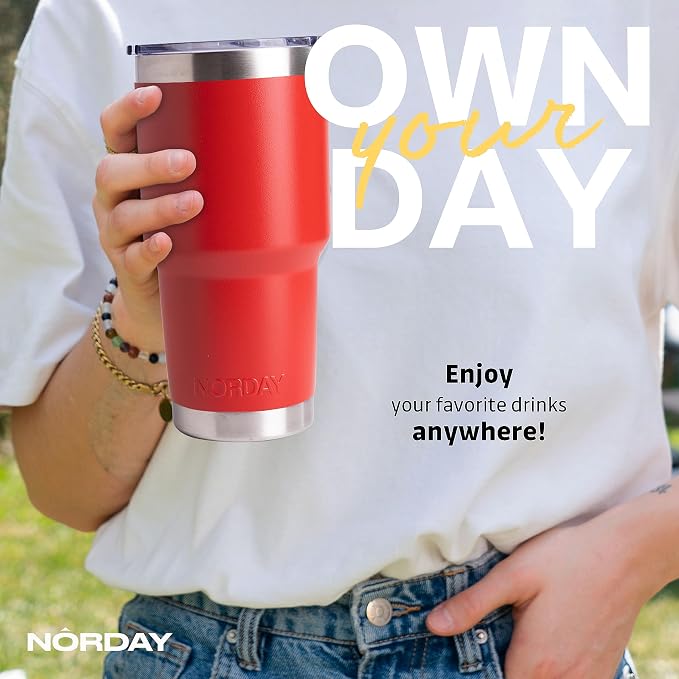 NORDAY | Tumbler with Lid - 30oz - Red Insulated Tumbler - Stainless Steel