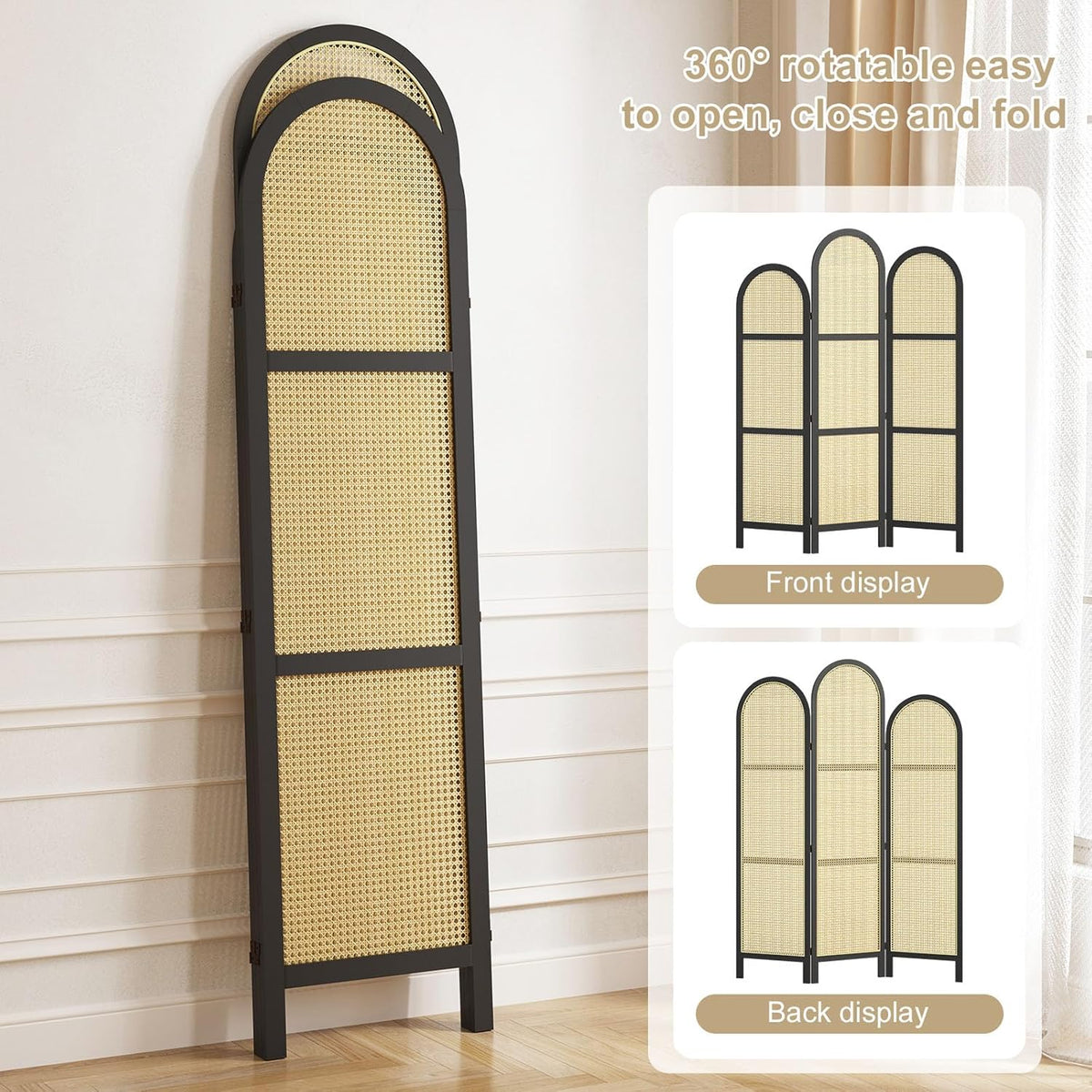 3-Panel Hand-Woven Rattan Room Divider, Tall Foldable Privacy Screen with Wooden Frame - Freestanding Portable Partition for Home Office, Bedroom, Bathroom(Black-Wave)