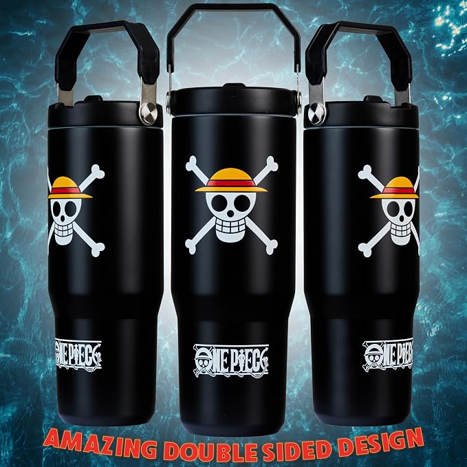 Get Trend One Piece Tumbler with Straw 30oz Kids Teens Insulated Cup with Lid Handle Travel Mug Cups with Lids for School Sports Anime Gifts for Kids (Black One Piece)