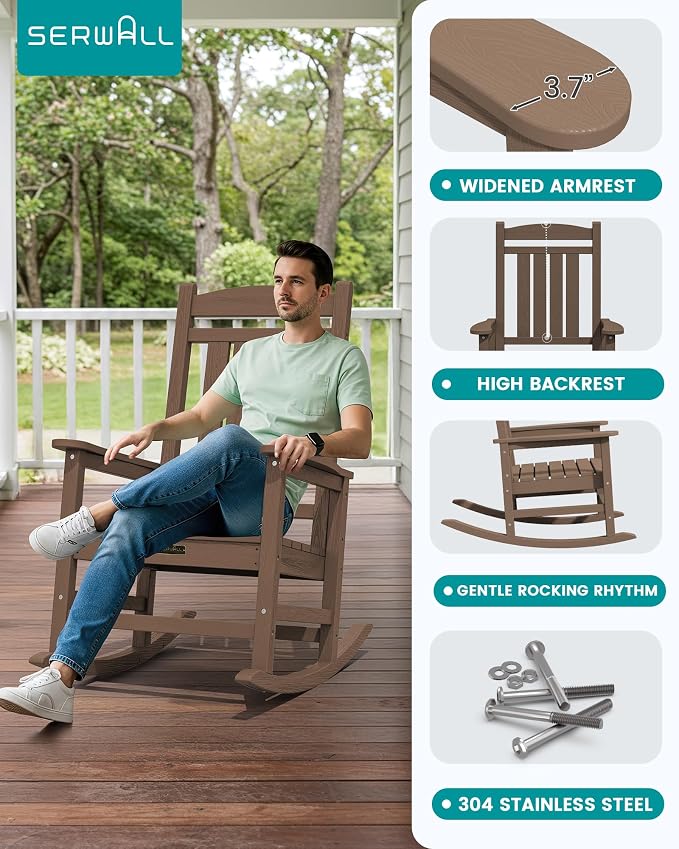 SERWALL Outdoor Rocking Chair, HDPE Patio Rocking Chair All-Weather Porch Rocker