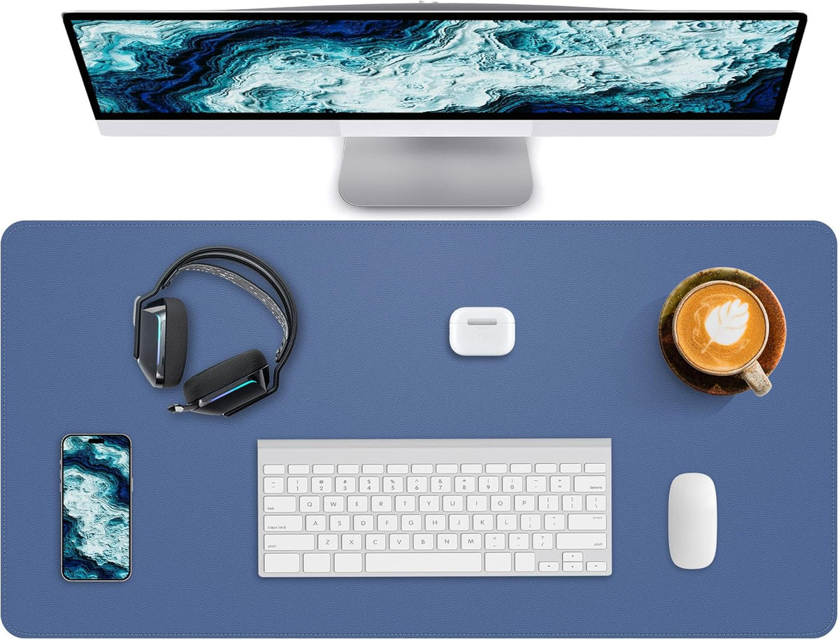 Desk Pad Mat - Leather Desk Pad Protector for Office and Home - Desk Organization and Accessories - Ideal for Large Mouse Pad and Desk Mats on Top of Desks(Grey Blue,31.5" x 15.7")